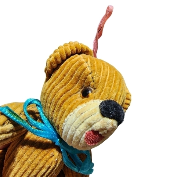 Vintage mini Corduroy bear ornament tan with blue bow moveable - Picture 9 of 13